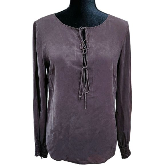 Theory Silk Lightweight Lace Up Sheer Tunic Long Sleeve Casual Top Blous L - Picture 2 of 11